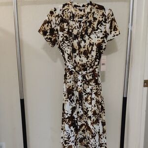 NEW Nanette Cow Print Chocolate/ Beige A-line Belted Chiffon Dress Size 2